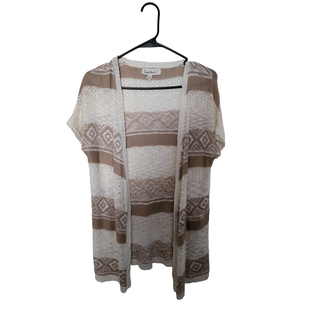 Cloudchaser Cardigan Women XS Tan Cream Geometric Stripe Open Front Short Sleeve